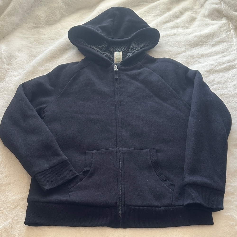 Kids Black Hooded Zip Jacket with Sherpa Lining